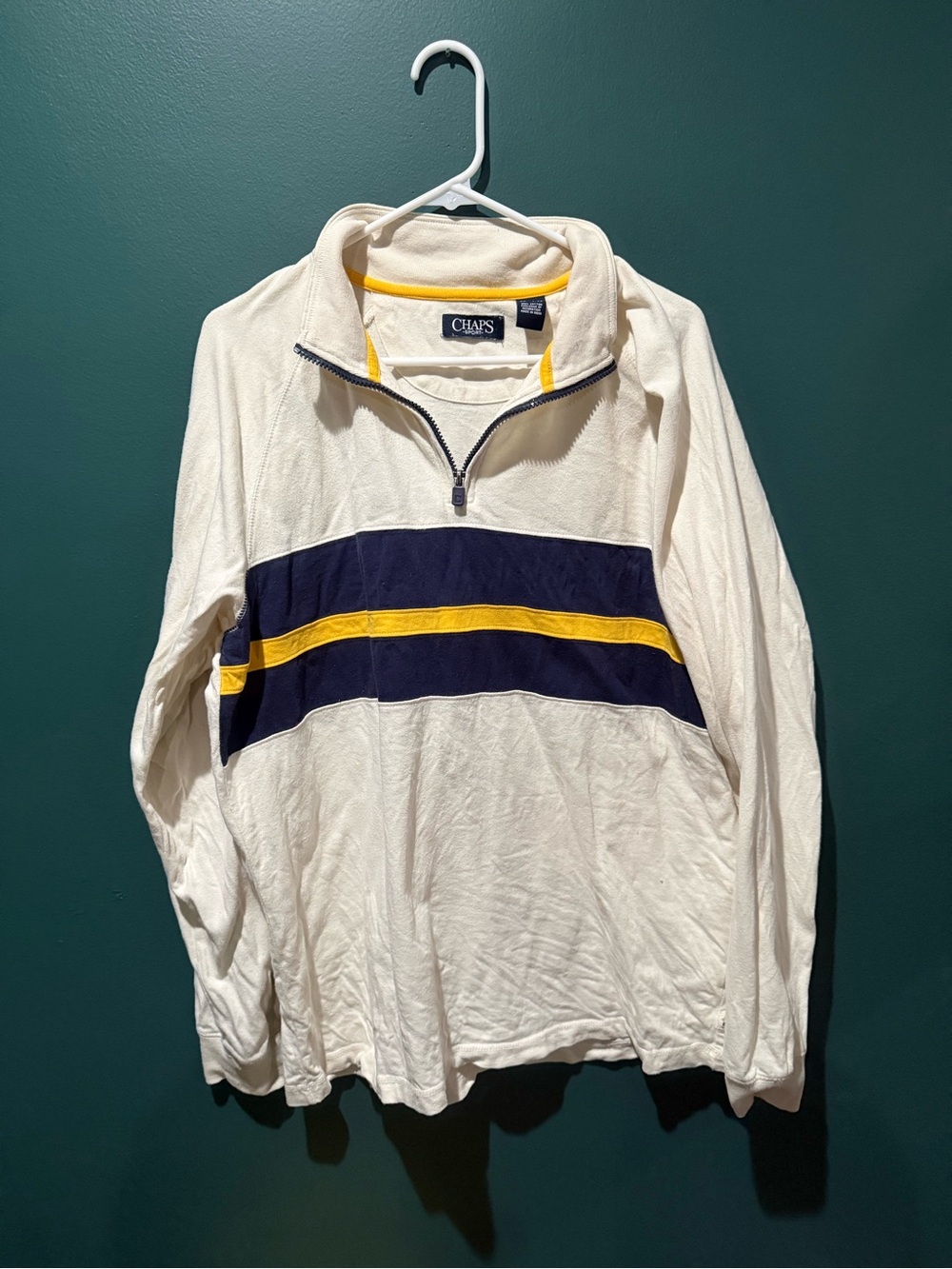 Chaps Cream Quarter-Zip with Navy and Yellow Stripes